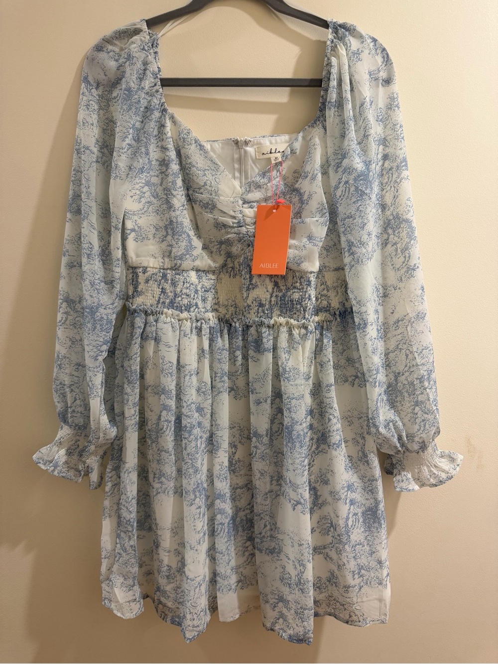 Aiblee Blue Toile Mini Dress with Smocked Waist